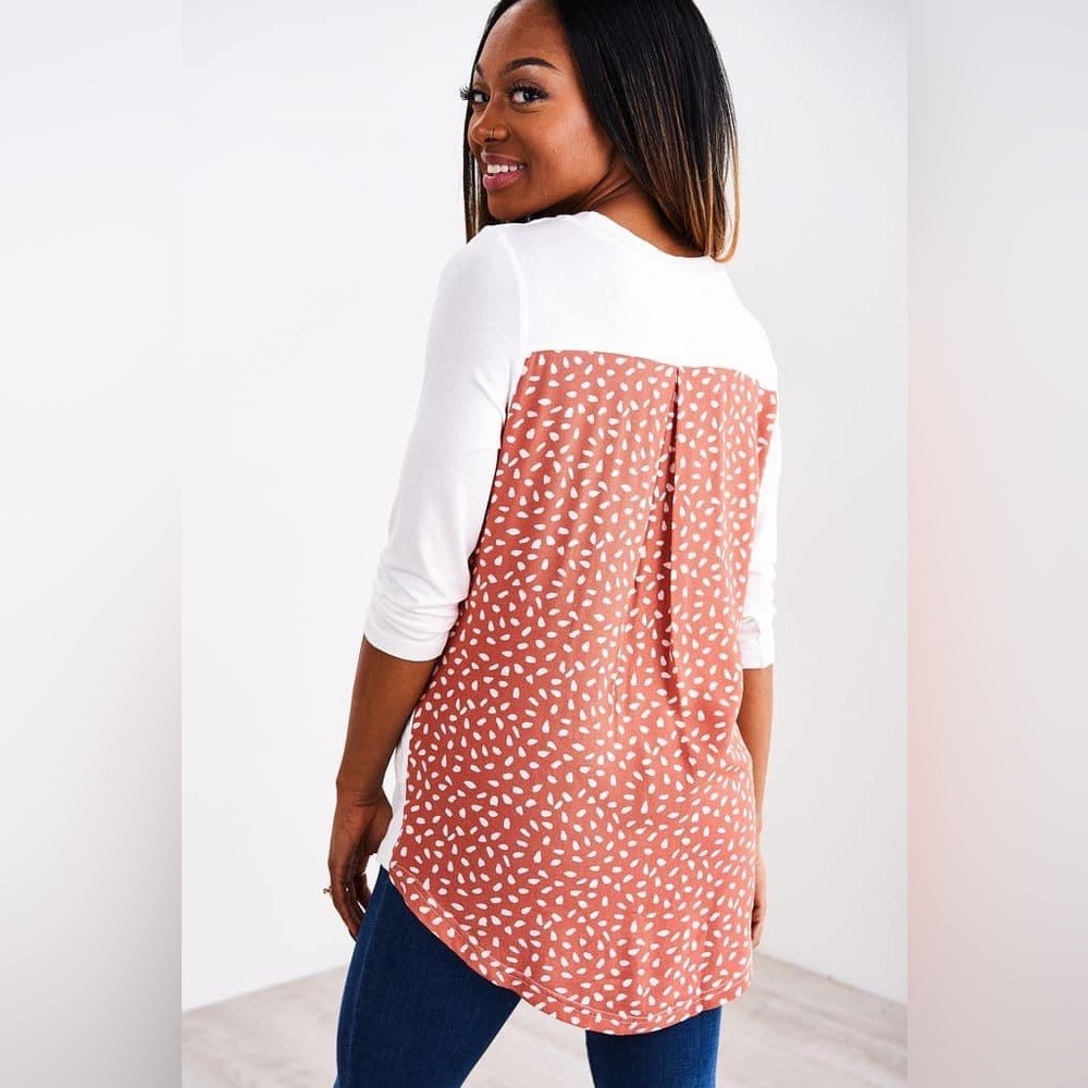 Latched Mama 3/4 Sleeve Woven Back Nursing Top - Ivory/Orange & White Dots